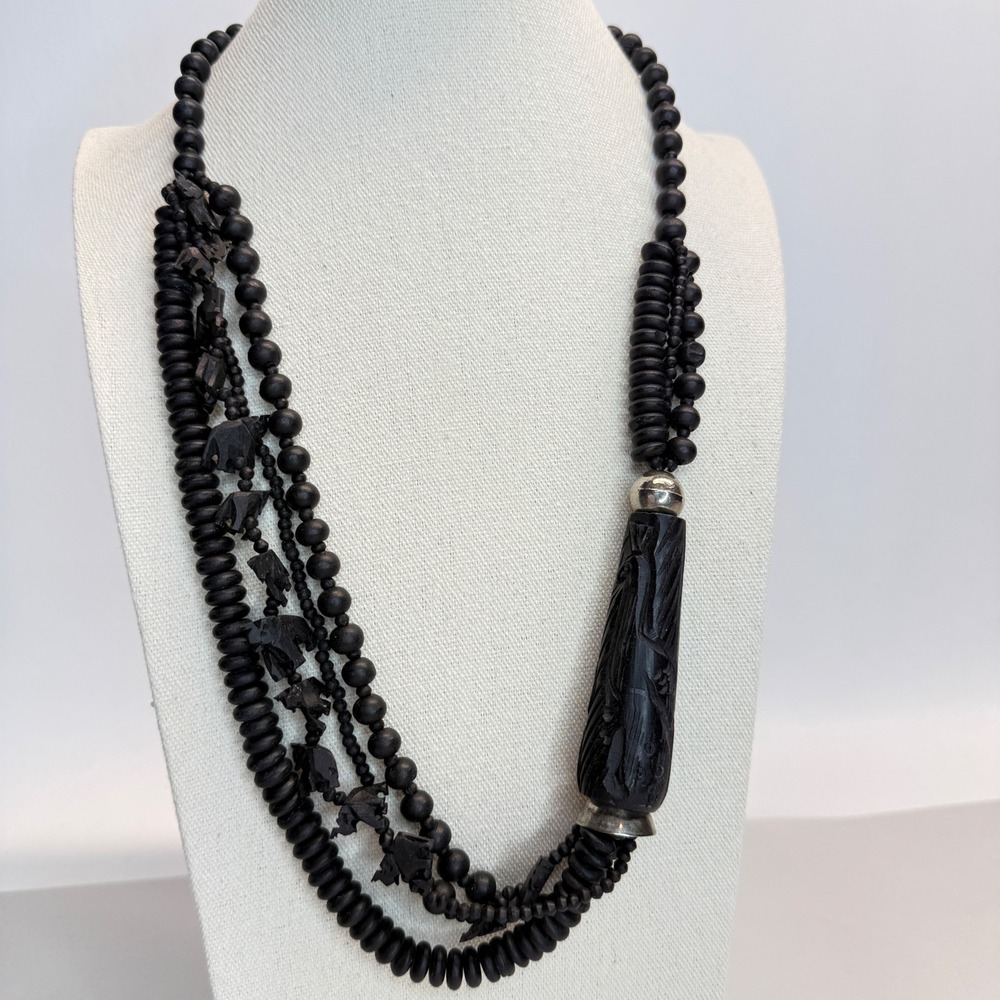 Vintage Carved Jet Necklace‎ Elephant Crane Bird Multi Strand Long